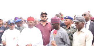 L-R the Deputy governor of Kogi State, Salifu Joel, the Hon. Minister of Works Engr. Nweze David Umahi, the Executive Governor of Edo State Monday Okpebholo and Senator Adams Oshiomhole during the official flag-off of Benin-Ekpoma-Auchi-Okpella-Okene-Lokoja Road section II-IV in Edo State. Date: 19th February, 2025. 