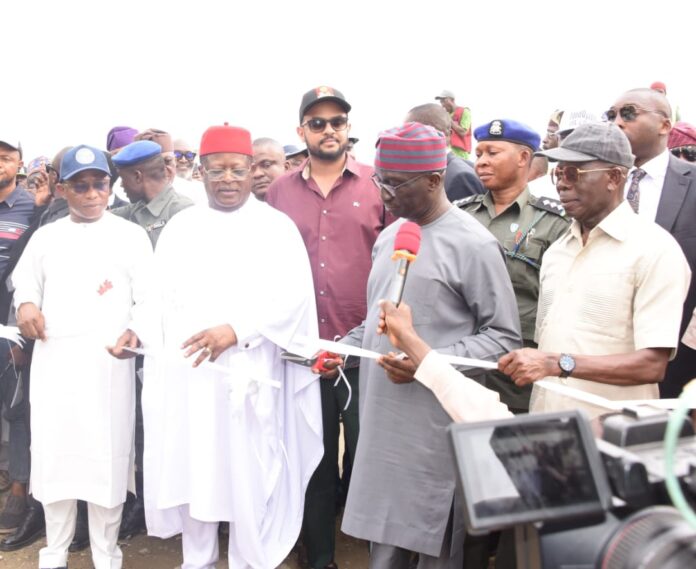 L-R the Deputy governor of Kogi State, Salifu Joel, the Hon. Minister of Works Engr. Nweze David Umahi, the Executive Governor of Edo State Monday Okpebholo and Senator Adams Oshiomhole during the official flag-off of Benin-Ekpoma-Auchi-Okpella-Okene-Lokoja Road section II-IV in Edo State. Date: 19th February, 2025. 