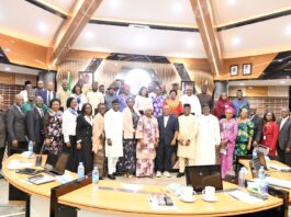 Head of the Civil Service of the Federation, Mrs. Didi Esther Walson-Jack, OON, mni, in a group photograph with transformative Permanent Secretaries, Auditor-General for the Federation, and the valedictorians, Mr. Adeoye Adeleye Adedeji and Dr Oluwatoyin Sakirat Madein after the valedictory session, in Abuja.