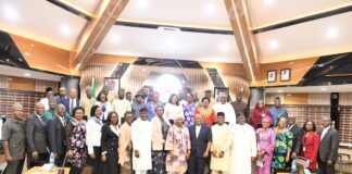 Head of the Civil Service of the Federation, Mrs. Didi Esther Walson-Jack, OON, mni, in a group photograph with transformative Permanent Secretaries, Auditor-General for the Federation, and the valedictorians, Mr. Adeoye Adeleye Adedeji and Dr Oluwatoyin Sakirat Madein after the valedictory session, in Abuja.