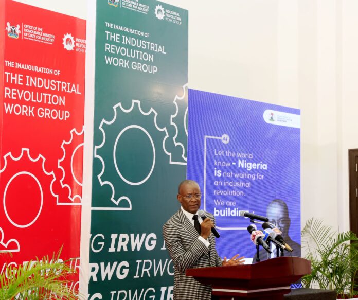 Honourable Minister of State for Industry, Senator John Owan Enoh, delivering his speech at the inauguration of the Industrial Revolution Work Group (IRWG) today, marking a significant milestone in Nigeria's industrial development. 