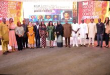 The HSCF Mrs Didi Esther Walson-Jack, OON, mni (Middle), in a group photograph with Permanent Secretaries, Marine and Blue Economy, Mr Oloruntola Olufemi(6th L),  Career Management Office, Mrs Fatima Mahmood(7th R),  Service Welfare Office, Mrs Oyekunle Patience Nwakuso (7th L), Common Services Office, Dr. Danjuma Usman Kalba(4th L), Mr Fela Durotoye (6th R), Mr James Abiona (5th R), Dr Charles Osazuwa (3rd R), Dr Godwin Abah (2nd R), Ms Njideka  Adaego Ononuju (1st R), Dr Chris Oarhe(1st L), Dr Stephanie Oarhe (2nd L), Mrs Tobore Olumoye (3rd L) and Mr Alex Enebeli (4th L) at the 2nd Edition of Prospective Executive Retiree's Conference, on Thursday  20th February, 2025 in Abuja.