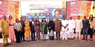 The HSCF Mrs Didi Esther Walson-Jack, OON, mni (Middle), in a group photograph with Permanent Secretaries, Marine and Blue Economy, Mr Oloruntola Olufemi(6th L),  Career Management Office, Mrs Fatima Mahmood(7th R),  Service Welfare Office, Mrs Oyekunle Patience Nwakuso (7th L), Common Services Office, Dr. Danjuma Usman Kalba(4th L), Mr Fela Durotoye (6th R), Mr James Abiona (5th R), Dr Charles Osazuwa (3rd R), Dr Godwin Abah (2nd R), Ms Njideka  Adaego Ononuju (1st R), Dr Chris Oarhe(1st L), Dr Stephanie Oarhe (2nd L), Mrs Tobore Olumoye (3rd L) and Mr Alex Enebeli (4th L) at the 2nd Edition of Prospective Executive Retiree's Conference, on Thursday  20th February, 2025 in Abuja.