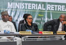 The Honourable Minister of Trade and Investment, Dr Jumoke Oduwole MFR, the Honourable Minister of State for Industry, Senator John Owan Enoh and the Permanent Secretary Federal Ministry of Industry Trade and Investment Amb. Nura Abba Rimi at the plenary session of the ongoing retreat.