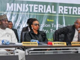 The Honourable Minister of Trade and Investment, Dr Jumoke Oduwole MFR, the Honourable Minister of State for Industry, Senator John Owan Enoh and the Permanent Secretary Federal Ministry of Industry Trade and Investment Amb. Nura Abba Rimi at the plenary session of the ongoing retreat.