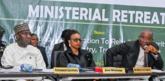 The Honourable Minister of Trade and Investment, Dr Jumoke Oduwole MFR, the Honourable Minister of State for Industry, Senator John Owan Enoh and the Permanent Secretary Federal Ministry of Industry Trade and Investment Amb. Nura Abba Rimi at the plenary session of the ongoing retreat.