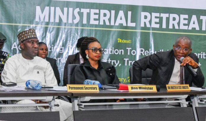 The Honourable Minister of Trade and Investment, Dr Jumoke Oduwole MFR, the Honourable Minister of State for Industry, Senator John Owan Enoh and the Permanent Secretary Federal Ministry of Industry Trade and Investment Amb. Nura Abba Rimi at the plenary session of the ongoing retreat.