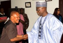 Minister of Labour and Employment, Dr Muhammad Maigari Dingyadi (right) and President, Nigeria Labour Congress (NLC), Joe Ajaero (left) during the visit of the Minister to the headquarters of NLC, Abuja