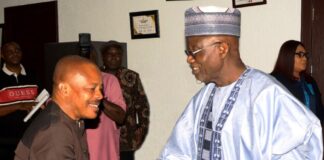 Minister of Labour and Employment, Dr Muhammad Maigari Dingyadi (right) and President, Nigeria Labour Congress (NLC), Joe Ajaero (left) during the visit of the Minister to the headquarters of NLC, Abuja