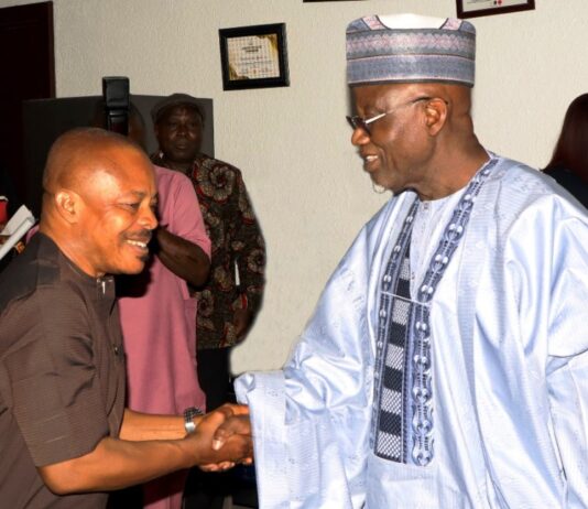 Minister of Labour and Employment, Dr Muhammad Maigari Dingyadi (right) and President, Nigeria Labour Congress (NLC), Joe Ajaero (left) during the visit of the Minister to the headquarters of NLC, Abuja