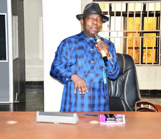 Federal Civil Service Commission (FCSC) Permanent Secretary, Ndiomu Ebiogeh Phillip making a speech at the interactive meeting with staff of the Commission on Friday 14th February 2025 at FCSC AAPPSCOMMS Building.