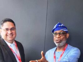 Solid Minerals Development Minister Dr. Dele Alake (right)and Deputy Minister of Mining, Republic of Venezuela, Alejandro Martinez after talks in Cape Town, South Africa on the sidelines of the Mining Indaba.