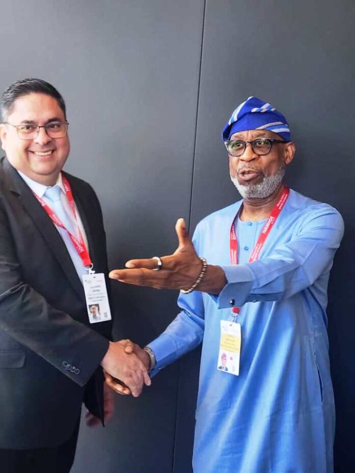 Solid Minerals Development Minister Dr. Dele Alake (right)and Deputy Minister of Mining, Republic of Venezuela, Alejandro Martinez after talks in Cape Town, South Africa on the sidelines of the Mining Indaba.