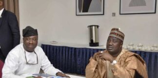 The Director, Agricultural Land and Climate Change Management Services, Mr Olanipekun Oshadiya and Minister of State for Agriculture and Food Security, Sen.Dr Aliyu Sabi Abdullahi, during the Final Validation Workshop held in Abuja