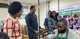 The Permanent Secretary of Solid Minerals, Dr. Mary Ogbe addressing the students of School of Jewellery Training Centre in Abuja