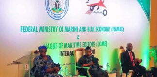 The Honourable Minister, Marine and Blue Economy (m), the Permanent Secretary, Federal Ministry of Marine and Blue Economy, Oloruntola Olufemi (r) and the President, League of Maritime Editors, Remilekun Itie (l).