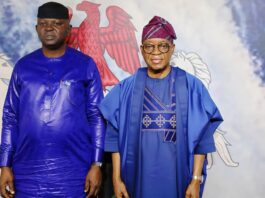 L-R: Minister of Water Resources and Sanitation, Prof. Joseph Utsev and the Honourable Minister of Marine and Blue Economy, Adegboyega Oyetola, CON.