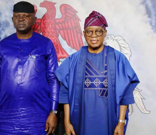 L-R: Minister of Water Resources and Sanitation, Prof. Joseph Utsev and the Honourable Minister of Marine and Blue Economy, Adegboyega Oyetola, CON.