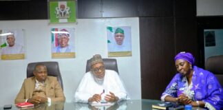 The Coordinating Minister of State for Health & Social Welfare Prof. Muhammad Ali Pate addressing the Leaders of Nigeria Medical Association, Medical & Dental Consultants Association, Johesu and Association of Nigerian Nurses & Midwives. Supporting the Coordinating Minister are Dr. Iziaq Adekunle Salako Honourable Minister of State and Permanent Secretary Daju Kachollom mni.