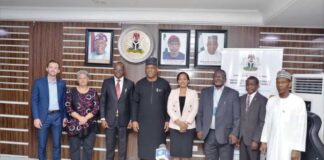 The Minister of Steel Development, Prince Shaiubu Abubakar Audu 4th from left, flanked on his immediate right by the Permanent Secretary Dr. Chris Osa Isokpunwu; 2nd right by the Australian High Commissioner to Nigeria, Leilani Bin-Juda; on the Minister's immediate left, is rep. of the Resident Representative of UNDP, Udumma Nwokike and on his 2nd left, Dr. Osuji Otu of UNIDO, during the strategic Partnership meeting of the Ministry with Development Partners and Donor Agencies held at the Ministry's Headquarters recently in Abuja.