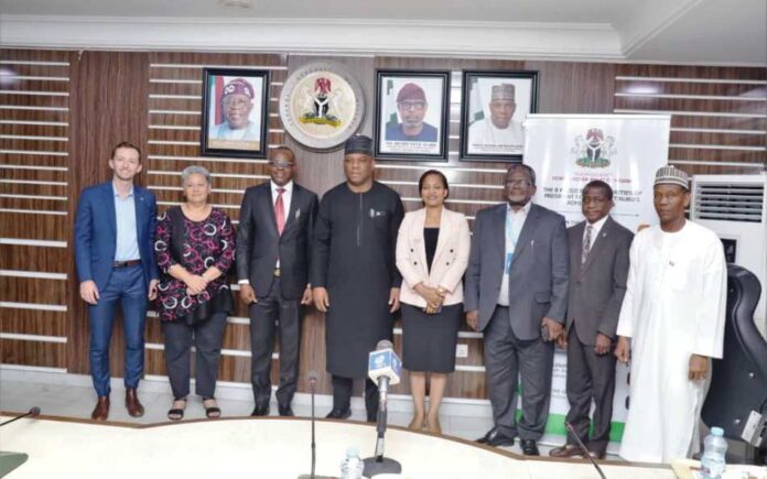 The Minister of Steel Development, Prince Shaiubu Abubakar Audu 4th from left, flanked on his immediate right by the Permanent Secretary Dr. Chris Osa Isokpunwu; 2nd right by the Australian High Commissioner to Nigeria, Leilani Bin-Juda; on the Minister's immediate left, is rep. of the Resident Representative of UNDP, Udumma Nwokike and on his 2nd left, Dr. Osuji Otu of UNIDO, during the strategic Partnership meeting of the Ministry with Development Partners and Donor Agencies held at the Ministry's Headquarters recently in Abuja.