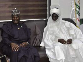 The Minister of State for Agriculture and Food Security, Sen.Dr Aliyu Sabi Abdullahi and Emir of Borgu, Barr. Mohammed Sani Haliru, during the couresty visit by the Emir in Abuja.