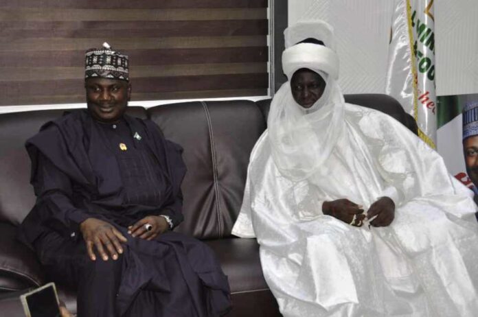 The Minister of State for Agriculture and Food Security, Sen.Dr Aliyu Sabi Abdullahi and Emir of Borgu, Barr. Mohammed Sani Haliru, during the couresty visit by the Emir in Abuja.