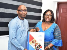 L-R: Director-General, Bureau of Public Procurement (BPP) Dr. Adebowale A. Adedokun, MCIPS, ACFE receiving a souvenir from the leader of the delegation, United Nation Women Representative to Nigeria and Ecowas, Mrs. Beatrice Enyong during her visit to BPP in Abuja