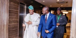 From Left to Right 1. DR. BALA M. BELLO: Deputy Governor, Operations Directorate. CBN 2. MS. EMEM USORO: Deputy Governor, Corporate Services Directorate. CBN 3. MR. OLAYEMI CARDOSO: Governor CBN 4. WALE EDUN: Honorable Minister of Finance and Coordinating Minister of the Economy. 5. ⁠MOHAMMED SANI MUSA: Chairman Senate Committee on Finance