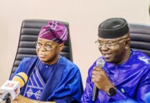 The Honourable Minister of Water Resources and Sanitation, Engr. Prof. Joseph Terlumun Utsev (R), hosted the Honourable Minister of Marine and Blue Economy, His Excellency Adegboyega Oyetola, CON (L), during a meeting at the Conference Room of the Ministry of Water Resources and Sanitation today in Abuja.