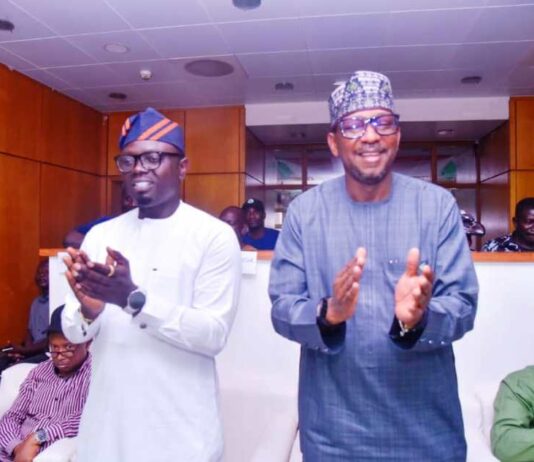 Chairman, National Sports Commission, Mallam Shehu Dikko (Right) and Minister of Youth Development, Comrade Ayodele Olawande Emmanuel applauding Team Nigeria during the closing ceremony of 13th Edition of ECOWAS African Wrestling Tournament, at MKO Abiola Stadium Abuja, on Saturday 8th March, 2025
