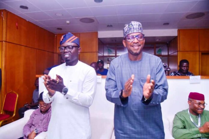 Chairman, National Sports Commission, Mallam Shehu Dikko (Right) and Minister of Youth Development, Comrade Ayodele Olawande Emmanuel applauding Team Nigeria during the closing ceremony of 13th Edition of ECOWAS African Wrestling Tournament, at MKO Abiola Stadium Abuja, on Saturday 8th March, 2025