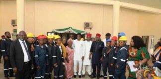 The Permanent Secretary, Ministry of Steel Development, Dr. Chris Osa Isokpunwu (middle); on his immediate left, Director/Ag. Chief Executive, Metallurgical Training Institute Onitsha, Engr. Dr. F.U. Obi with Directors of the Ministry and some of the Trainees during the flag-off of the Ministry's Boot-Camp Training Programme in the Metallurgical Training Institute Onitsha on Thursday, 6th March 2025.