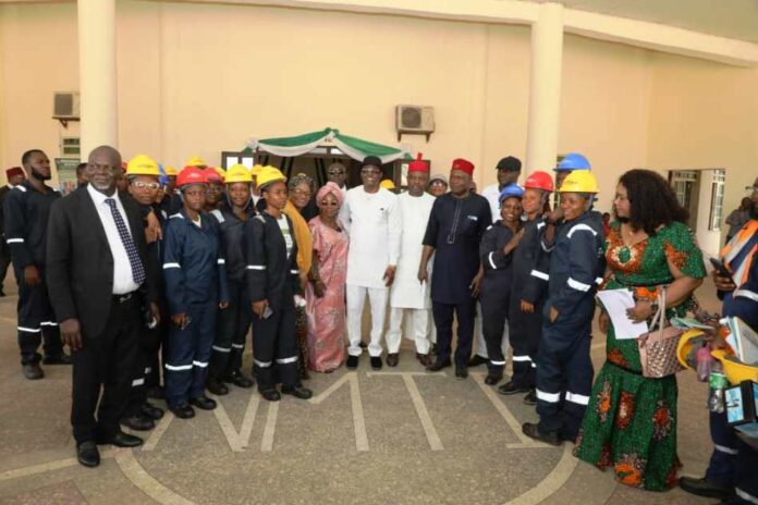 The Permanent Secretary, Ministry of Steel Development, Dr. Chris Osa Isokpunwu (middle); on his immediate left, Director/Ag. Chief Executive, Metallurgical Training Institute Onitsha, Engr. Dr. F.U. Obi with Directors of the Ministry and some of the Trainees during the flag-off of the Ministry's Boot-Camp Training Programme in the Metallurgical Training Institute Onitsha on Thursday, 6th March 2025.