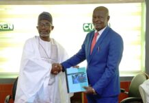 The outgoing Registrar of COREN, Engr. Prof. Adisa Bello, FNSE, FAEng (left), hands over to the incoming Registrar, Engr. Prof. Okorie Austine Uchegbusi Uche, FNSE, FNICE, KJW (right) with a handshake during the official transition ceremony held on March 14, 2025, at the COREN headquarters.