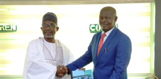 The outgoing Registrar of COREN, Engr. Prof. Adisa Bello, FNSE, FAEng (left), hands over to the incoming Registrar, Engr. Prof. Okorie Austine Uchegbusi Uche, FNSE, FNICE, KJW (right) with a handshake during the official transition ceremony held on March 14, 2025, at the COREN headquarters.