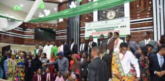 The Honourable Minster of Education Dr Maruf Tunji Alausa, the Honourable Minster of State for Education Prof Suwaiba Said Ahmad and Directors surrounded by students celebrating Commonwealth day in the Ministry headquarters.Abija