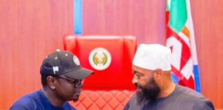 The Honourable Minister, Federal Ministry of Youth Development, Comrade Ayodele Olawande and the Governor of Niger State, Mohammed Umar Bago during the signing of MoU to empower 100,000 youths through a National Youth Agricultural Scheme which was held at the Council Chamber of the Government House in Minna.