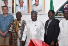 L-R : US company team leader and Partner, Field Operator, Frank Pichel, the leader of the FCDA delegation team , Divisional Head Mapping , Surv Nandah Danjuma, Surveyor General of the Federation (SGOF ) Abduganiyu Adeyemi Adebomehin, the General Manager , General Aviation (U.A.S Unit ) NCAA , Capt. Maikano Wilson and the Head of Photogrammetry and Remote Sensing department of OSGOF whose office is the duty to supervise the project Surv. Hafiz Azeez