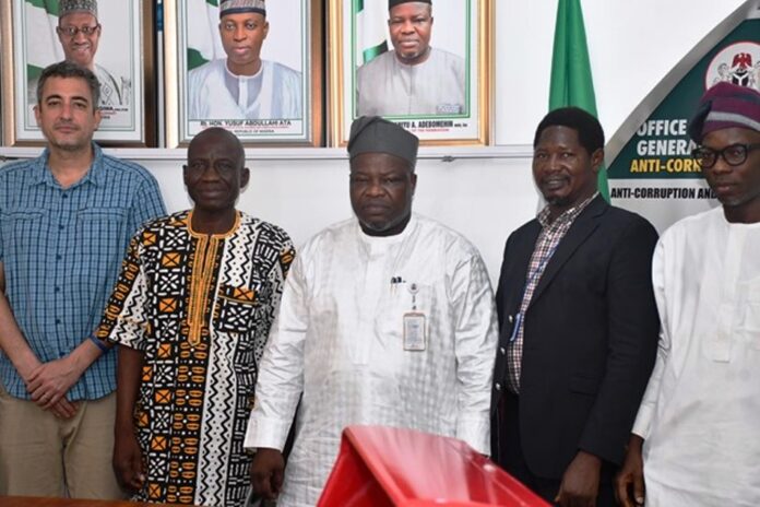 L-R : US company team leader and Partner, Field Operator, Frank Pichel, the leader of the FCDA delegation team , Divisional Head Mapping , Surv Nandah Danjuma, Surveyor General of the Federation (SGOF ) Abduganiyu Adeyemi Adebomehin, the General Manager , General Aviation (U.A.S Unit ) NCAA , Capt. Maikano Wilson and the Head of Photogrammetry and Remote Sensing department of OSGOF whose office is the duty to supervise the project Surv. Hafiz Azeez