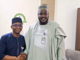 L-R: Director-General, Bureau of Public Procurement, BPP, Dr. Adebowale A. Adedokun, MCIPS, ACFE in warm handshake with Engr. Muhammad Dauda Abubakar, DG, Gombe State Due Process, during his visit to BPP in Abuja