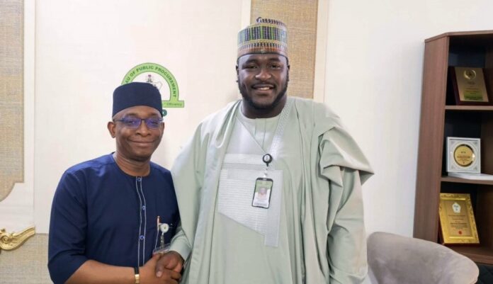 L-R: Director-General, Bureau of Public Procurement, BPP, Dr. Adebowale A. Adedokun, MCIPS, ACFE in warm handshake with Engr. Muhammad Dauda Abubakar, DG, Gombe State Due Process, during his visit to BPP in Abuja