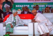 The First Lady Senator Oluremi Tinubu CON, in a tete a tete with Dr. Iziaq Adekunle Salako Honourable Minister of State for Health & Social Welfare at the 2025 World Tuberculosis Day-Community Outreach @ Sauka, Abuja Monday 24 March 2025