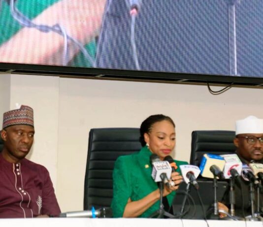 The Hon. Min . Trade and Investment, FMITI, Dr. Jumoke Oduwole (left) the Hon. Min. of Information and National Orientation, Mohammed Idris, (middle) the Hon.Min of State (Industry) FMITI, Sen. John Owan Enoh (right) during the Ministerial Press briefing hosted by the Federal Ministry of Information and National Orientation in Abuja on Tuesday 05/03/25.
