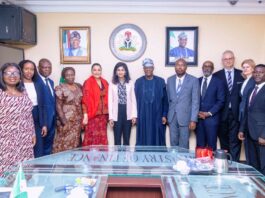 FROM LEFT TO RIGHT 1. Oluwatoyin Madein- Accountant-General of the Federation 2. Sanyade Okoli- SAP on Finance and Economic Coordination 3. Raymond Omenka Omachi-Permanent Secretary Special Duties at the Federal Ministry of Finance 4. Mrs Lydia Shehu Jafiya- Permanent Secretary, Federal Ministry of Finance 5. Doris Uzoka-Anite- Minister of State for Finance of Nigeria 6. Gita Gopinath- Deputy managing director of the International Monetary Fund 7. Wale Edun- Honorable Minister of Finance and Coordinating Minister of the Economy. 8. Christian Ebeke-IMF Resident Representative for Nigeria 9. Abebe Aemro Selassie- DAFR, IMF 10.Axel Schimmelpfennig-MCN, IMF 11.Julie Ziegler- Comm , IMF 12.Afolabi Emmanuel Olowookere - Economist- IMF