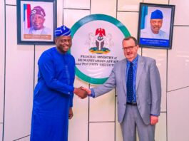 Left, Honourable Minister of Humanitarian Affairs and Poverty Reduction, Professor Nentawe Goshwe Yilwatda and the US Ambassador to Nigeria, His Excellency Richard M. Mills, Jr, during the meeting held in the Minister's office on Thursday 13th March, 2025. Abuja.