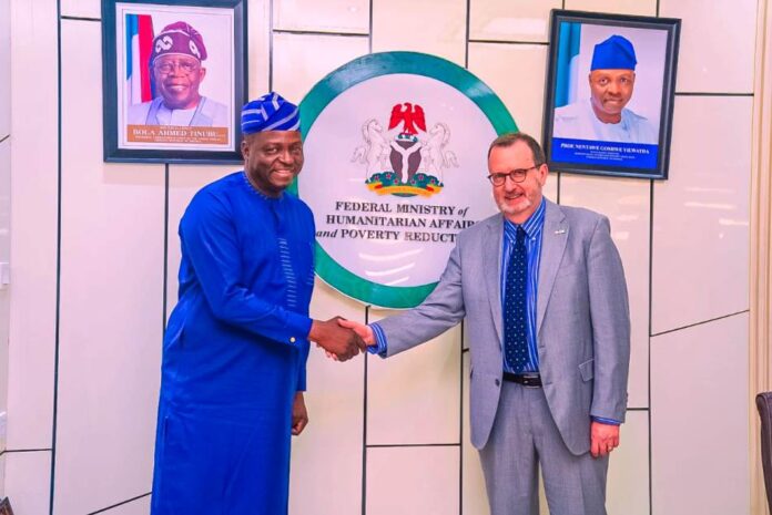 Left, Honourable Minister of Humanitarian Affairs and Poverty Reduction, Professor Nentawe Goshwe Yilwatda and the US Ambassador to Nigeria, His Excellency Richard M. Mills, Jr, during the meeting held in the Minister's office on Thursday 13th March, 2025. Abuja.