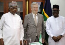 L-R: Minister of Police Affairs, Senator Ibrahim Gaidam, European Union Ambassador to Nigeria, Ambassador Gautier Mignot and Permanent Secretary, Dr Anuma Ogbonnaya Nlia during the courtesy visit of the European Union Embassy delegation led by the Ambassador Gautier Mignot to the Headquarters of the Ministry in Abuja.