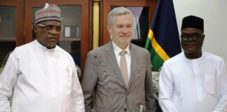 L-R: Minister of Police Affairs, Senator Ibrahim Gaidam, European Union Ambassador to Nigeria, Ambassador Gautier Mignot and Permanent Secretary, Dr Anuma Ogbonnaya Nlia during the courtesy visit of the European Union Embassy delegation led by the Ambassador Gautier Mignot to the Headquarters of the Ministry in Abuja.