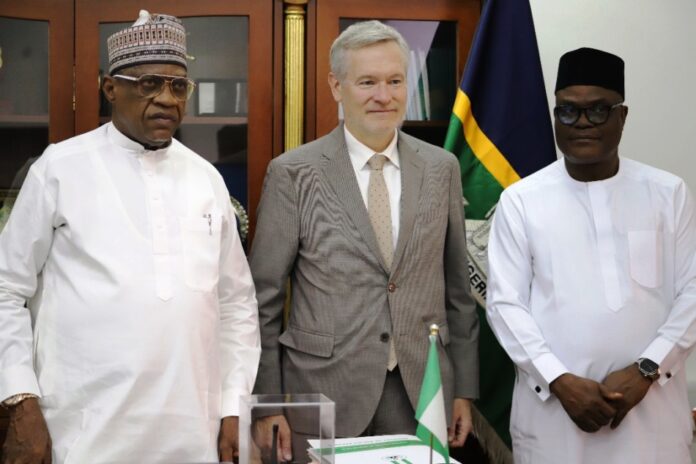 L-R: Minister of Police Affairs, Senator Ibrahim Gaidam, European Union Ambassador to Nigeria, Ambassador Gautier Mignot and Permanent Secretary, Dr Anuma Ogbonnaya Nlia during the courtesy visit of the European Union Embassy delegation led by the Ambassador Gautier Mignot to the Headquarters of the Ministry in Abuja.